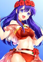  :d bare_shoulders bikini blue_background blue_eyes blue_hair blue_sky breasts cleavage_cutout clothing_cutout commentary_request cowboy_shot day female fire_emblem fire_emblem:_the_binding_blade fire_emblem_heroes flower frills gradient_background head_wreath jurge lilina_(fire_emblem) lilina_(summer)_(fire_emblem) long_hair navel o-ring open_mouth outdoors red_flower simple_background sky small_breasts smile solo stomach swimsuit w_arms waist_cape 