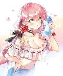  :o bare_shoulders black_choker black_ribbon blue_eyes blue_shorts blush bottle breasts choker cleavage collarbone commentary crop_top female final_fantasy final_fantasy_xiv flower gradient_background hair_flower hair_ornament hair_ribbon hand_on_own_hip hand_up heart holding holding_bottle hyur large_breasts long_hair looking_at_viewer midriff nail_polish navel open_mouth pingo pink_hair pink_nails red_flower ribbon shorts solo stomach symbol-only_commentary upper_body warrior_of_light_(ff14) 