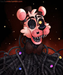  2019 5:6 animatronic bear bow_(feature) bow_tie clothing digital_media_(artwork) five_nights_at_freddy&#039;s freddy_fazbear&#039;s_pizzeria_simulator glowing glowing_eyes hat headgear headwear hi_res humanoid machine mammal molten_freddy_(fnaf) robot scottgames simple_background solo text top_hat toy-bonnie url 