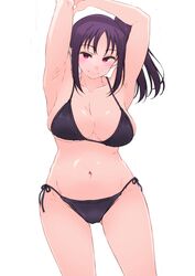  armpits arms_up ayumu-k bikini black_bikini blush breasts cleavage collarbone commentary_request female groin half-closed_eyes highres kazuno_sarah large_breasts looking_at_viewer love_live! love_live!_sunshine!! navel purple_eyes purple_hair side-tie_bikini_bottom side_ponytail sidelocks simple_background smile solo swimsuit white_background 