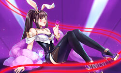  ahri ahri_(cosplay) alacvi alternate_hairstyle animal_ears bangle black_legwear bracelet breasts brown_eyes brown_hair bunny_ears choker cleavage cosplay d.va_(overwatch) dress feather_boa female fingernails full_body gem heart high_heels jewelry k/da_(league_of_legends) k/da_ahri league_of_legends long_fingernails long_hair long_legs looking_at_viewer medium_breasts nail_polish overwatch pink_nails platform_footwear platform_heels ponytail purple_footwear red_string short_dress sidelocks solo stiletto_heels string thighhighs whisker_markings 