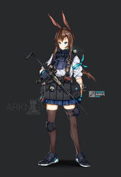  absurdres amiya_(arknights) animal_ears arknights armband bad_id bad_pixiv_id blue_eyes brown_hair cbj-ms commentary earpiece explosive female foregrip full_body gloves grenade gun handgun highres holding holding_gun holding_weapon knee_pads laser laser_pointer_projection laser_sight load_bearing_equipment photoshop_(medium) pouch rabbit_ears rabbit_girl revolver simple_background single_knee_pad solo submachine_gun suppressor thighhighs trigger_discipline weapon yakumo_ling 