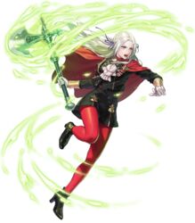  ankle_boots axe battle_axe black_dress black_footwear blue_eyes boots cape dress edelgard_von_hresvelg energy energy_axe female fire_emblem fire_emblem:_three_houses fire_emblem_heroes full_body garreg_mach_monastery_uniform gloves glowing glowing_weapon grey_hair high_heel_boots high_heels highres holding holding_weapon leg_up long_hair long_sleeves looking_away official_art open_mouth pantyhose parted_bangs red_cape red_pantyhose shiny_clothes short_dress solo suda_ayaka tachi-e transparent_background weapon white_gloves white_hair 