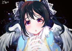  :o absurdres angel_wings bad_id bad_pixiv_id birthday black_hair commentary_request depe feathered_wings female gloves hair_ribbon hand_grab highres long_hair looking_at_viewer love_live! love_live!_school_idol_project out_of_frame pov pov_hands red_eyes ribbon sidelocks signature solo_focus twintails white_gloves wings yazawa_nico 