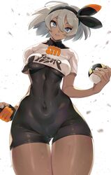  abs bea_(pokemon) bodysuit bodysuit_under_clothes commentary_request covered_navel dark-skinned_female dark_skin female gloves grey_eyes grey_hair hairband highres holding holding_poke_ball kamaboko_(ossann0125) looking_at_viewer poke_ball pokemon pokemon_swsh shirt short_hair short_sleeves shorts simple_background solo white_background white_shirt wristband 