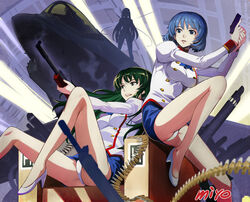  3girls adjutant_(agent_aika) agent_aika aika_(series) aircraft airplane ammunition arms_up artist_name ascot ass assault_rifle black_ascot black_skirt blue_eyes blue_hair breasts bullet buttons commentary_request delmo_commander delmogeny_uniform double-breasted green_eyes green_hair gun handgun high_heels holding holding_gun holding_weapon indoors jacket juliet_sleeves knee_up long_hair long_sleeves medium_breasts military military_uniform miyo_(13th_floor) multiple_girls panties pantyshot pencil_skirt puffy_sleeves rifle shivie_aika short_hair silhouette sitting skirt smile sumeragi_aika underwear uniform weapon white_delmo white_footwear white_jacket white_panties 