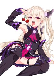  bare_shoulders black_thighhighs breasts cherry commentary detached_sleeves earrings fate/grand_order fate/kaleid_liner_prisma_illya fate_(series) female food fruit hair_ornament highres holding holding_food illyasviel_von_einzbern jewelry kirushi_(killcy) long_hair looking_at_viewer open_mouth prisma_illya red_eyes small_breasts smile solo testament_(fate) thighhighs tongue tongue_out 