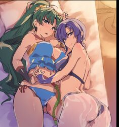  2girls ass bikini black_bikini blue_bikini blush breasts cleavage closed_mouth commentary earrings fire_emblem fire_emblem:_the_blazing_blade fire_emblem_heroes green_eyes green_hair holding_hands interlocked_fingers jewelry large_breasts long_hair looking_at_viewer lyn_(fire_emblem) lyn_(summer)_(fire_emblem) medium_breasts multiple_girls navel official_alternate_costume open_mouth ponytail purple_hair sajittari sarong short_hair side-tie_bikini_bottom smile swimsuit symbol-only_commentary thighs ursula_(fire_emblem) ursula_(summer)_(fire_emblem) very_long_hair 