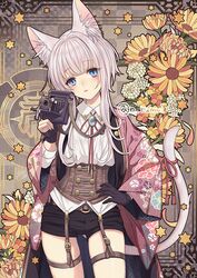  animal_ear_fluff animal_ears belt belt_buckle black_shorts brown_belt buckle camera cat_ears cat_girl cat_tail checkered_background collared_shirt commentary_request copyright_request corset female floral_background flower grey_hair hand_on_own_hip holding holding_camera kamui_natsuki long_hair long_sleeves neck_ribbon open_clothes orange_flower red_ribbon ribbon shirt short_shorts shorts sidelocks solo star_(symbol) tail tail_ornament tail_raised tail_ribbon twitter_username white_shirt wide_sleeves 