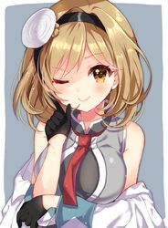  ;) black_gloves black_jacket blush breasts brown_eyes brown_hair commentary_request djeeta_(granblue_fantasy) doctor_(granblue_fantasy) female gloves granblue_fantasy grey_background grey_shirt hairband head_mirror index_finger_raised jacket nameneko_(124) necktie off_shoulder one_eye_closed red_necktie shirt short_hair simple_background sleeveless sleeveless_shirt smile solo upper_body white_jacket 