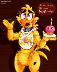  2019 animatronic avian bird chica_(fnaf) chicken cupcake_(fnaf) english_text female five_nights_at_freddy&#039;s fnaf_vr_help_wanted food galliform gallus_(genus) hi_res machine mammal phasianid pizza robot scottgames simple_background speech_bubble text toy-bonnie 