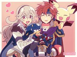  1boy armor blue_armor blue_cape blue_eyes blush breasts cape closed_eyes commentary corrin_(female)_(fire_emblem) corrin_(fire_emblem) female fingerless_gloves fire_emblem fire_emblem:_the_binding_blade gloves grey_hair hair_between_eyes hair_ornament hairband headband highres juliet_sleeves kiriya_(552260) long_hair long_sleeves looking_at_viewer open_mouth pichu pointy_ears pokemon pokemon_(creature) puffy_sleeves red_eyes red_hair roy_(fire_emblem) sega short_hair simple_background smile sonic_(series) sonic_the_hedgehog super_smash_bros. symbol-only_commentary 