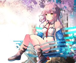  absurdres azur_lane bare_shoulders black_shorts blue_ribbon blush boots brown_hair commentary detached_collar female flower hair_ornament hair_ribbon highres hinaname jacket light_purple_hair long_hair long_sleeves midriff mullany_(azur_lane) navel necktie off_shoulder outdoors red_necktie ribbon rudder_footwear short_shorts shorts sidelocks sitting smile solo tree x_hair_ornament yellow_eyes zipper 