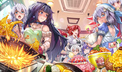  6+girls :q apron bandana blue_eyes blunt_bangs blush bowl braid breasts bronya_zaychik chopsticks cleavage commentary_request drill_hair food fried_rice fruit grey_hair grin hair_between_eyes hasaya highres honkai_(series) honkai_impact_3rd jewelry jingwei&#039;s_wings kiana_kaslana long_hair microwave multiple_girls murata_himeko necklace noodles open_mouth pickle purple_eyes purple_hair raiden_mei red_eyes red_hair seele_vollerei smile strawberry teeth theresa_apocalypse tongue tongue_out twin_drills wok yellow_eyes 