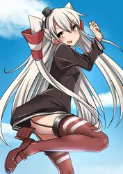  amatsukaze_(kancolle) black_hat blue_sky brown_dress brown_eyes cloud commentary_request dress female garter_straps grey_hair hair_tubes hat kantai_collection kashiwamochi_(kashiwakashiwa) leg_up lifebuoy long_hair mini_hat red_thighhighs rudder_footwear sailor_dress short_dress sky solo striped_clothes striped_thighhighs swim_ring thighhighs two_side_up 