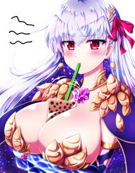  between_breasts breast_hold breasts bubble_tea bubble_tea_challenge commentary crossed_arms cup disposable_cup drinking_straw earrings fate/grand_order fate_(series) female hair_ribbon highres jewelry kama_(fate) kama_(third_ascension)_(fate) large_breasts long_hair red_eyes ribbon solo sotomichi white_background white_hair 