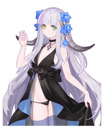  bare_arms bare_shoulders black_bow black_dress black_panties blue_flower bow breasts collarbone commentary_request dress fatal_frame female flower forever_7th_capital frown green_eyes highres horns lis_zhu_long long_hair navel no_nose panties photoshop_(medium) pink_eyes rin_(forever_7th_capital) simple_background small_breasts solo thighhighs underwear very_long_hair white_background white_hair yellow_eyes 