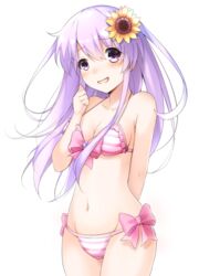  bikini blush bow bow_bikini breasts commentary d-pad d-pad_hair_ornament doria_(p_f_dolia) female hair_between_eyes hair_ornament long_hair looking_at_viewer medium_breasts navel nepgear neptune_(series) purple_eyes purple_hair simple_background solo swimsuit very_long_hair white_background 