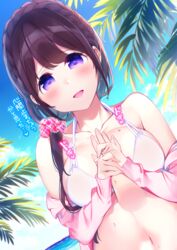  :d bikini blue_sky braid breasts brown_hair chikuwa. cloud collarbone commentary_request crown_braid day disembodied_hand female hair_ornament hair_scrunchie hand_grab highres horizon jacket large_breasts long_hair marine_day navel ocean off_shoulder open_clothes open_jacket open_mouth original outdoors palm_tree pink_jacket pink_scrunchie plaid plaid_scrunchie purple_eyes romaji_commentary scrunchie sky smile solo_focus swimsuit translated tree upper_body water wet white_bikini 