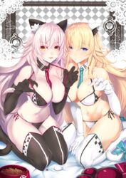  2girls aata1007 ahoge animal_ears aqua_necktie between_breasts bikini black_bikini black_gloves black_thighhighs blonde_hair blue_eyes bowl breasts cat_ears cat_tail commentary_request detached_collar elbow_gloves fate/grand_order fate_(series) gloves highres jeanne_d&#039;arc_(fate) jeanne_d&#039;arc_(ruler)_(fate) jeanne_d&#039;arc_alter_(avenger)_(fate) jeanne_d&#039;arc_alter_(fate) large_breasts long_hair multiple_girls necktie necktie_between_breasts paw_pose paw_print pet_bowl red_necktie seiza side-tie_bikini_bottom sitting swimsuit tail thighhighs very_long_hair white_bikini white_gloves white_hair white_legwear yellow_eyes 