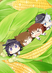  &gt;_&lt; 4girls :&gt; :&lt; :d :o =_= akatsuki_(kancolle) anchor_symbol blue_eyes brown_hair chibi commentary_request corn corn_cob flat_cap food grey_hair hair_between_eyes hair_ornament hairclip hat hibiki_(kancolle) hinata_yuu ikazuchi_(kancolle) in_food inazuma_(kancolle) kantai_collection long_hair long_sleeves mini_person minigirl multiple_girls neckerchief oerba_yun_fang open_mouth photoshop_(medium) purple_eyes purple_hair school_uniform smile xd 