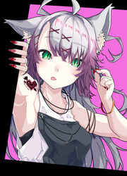  absurdres ahoge animal_ear_fluff animal_ears armpits atalanta_(fate) atalanta_alter_(fate) bare_shoulders breasts cat_ears commentary_request fate/apocrypha fate/grand_order fate_(series) female fingernails gradient_hair green_eyes grey_hair hair_between_eyes hair_ornament hairclip hands_up head_tilt highres kirishina_(raindrop-050928) medium_breasts multicolored_hair nail_art nail_polish photoshop_(medium) pink_background purple_hair red_nails slit_pupils solo tank_top upper_body white_tank_top x_hair_ornament 