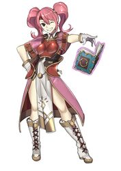  absurdres armor boobplate book breastplate circlet commentary ebinku female fire_emblem fire_emblem_echoes:_shadows_of_valentia full_body gloves grin highres mae_(fire_emblem) one_eye_closed open_book pelvic_curtain pink_hair simple_background smile solo twintails white_background white_gloves 