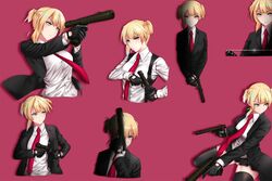  agent_47 agent_47_(cosplay) black_jacket black_skirt blonde_hair bolt_action breasts commentary cosplay dual_wielding english_commentary female garrote girls&#039;_frontline green_eyes gun handgun highres hitman_(game) holding holster holstered jacket lzypoipoi necktie parody pink_background pose red_necktie shirt short_twintails skirt solo suppressor twintails unworn_jacket weapon welrod welrod_mkii_(girls&#039;_frontline) white_shirt 