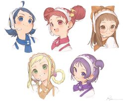  5girls :d ahoge asuka_momoko beads blonde_hair blue_eyes blue_hair bow brown_eyes brown_hair closed_mouth double_bun earrings fujiwara_hazuki glasses green_eyes grin hair_beads hair_bun hair_ornament hair_rings harukaze_doremi head_tilt headset highres jewelry long_hair looking_at_viewer medium_hair multiple_girls musical_note musical_note_hair_ornament ojamajo_doremi one_side_up open_mouth orange_bow ponytail portrait purple_eyes purple_hair red_eyes red_hair round_eyewear ryota_(ry_o_ta) segawa_onpu senoo_aiko shirt short_hair sidelocks signature simple_background smile teeth upper_teeth_only white_background 