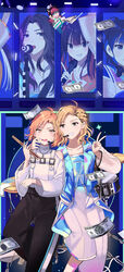  3girls ahoge animal_ear_headphones animal_ears aqua_eyes arm_around_shoulder bang_dream! banknote black_eyes black_pants cat_ear_headphones character_request chest_belt chibi clothing_cutout commentary_request cymbals dollar_bill drum drum_set drumsticks fake_animal_ears grin headphones highres holding holding_microphone index_finger_raised instrument jitome kongya long_sleeves microphone mini_person minigirl money multiple_girls natsume_(musician) orange_eyes orange_hair pants raychell_(musician) red_hair sato_masuki screen see-through see-through_sleeves shirt shoulder_cutout smile snare_drum sweatdrop tamade_chiyu v v-shaped_eyebrows voice_actor voice_actor_connection wakana_rei white_pants white_shirt 