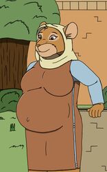  5:8 anthro belly big_belly breasts brown_body brown_eyes brown_fur brown_nose clothed clothing cornflower_fieldmouse female fur hi_res mammal mouse murid murine navel_outline outside plant pregnant pregnant_anthro pregnant_female redwall rodent solo tree wuffy32 