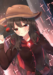  abstract_background arm_up bad_id bad_pixiv_id black_hair black_shirt black_skirt blush brown_hat cape commentary_request cross dutch_angle female gem glint gradient_background hair_between_eyes hair_ornament hat highres holding holding_mask long_hair long_sleeves looking_at_viewer mask original plague_doctor_mask pleated_skirt red_cape red_eyes red_gemstone sachisudesu scar scar_on_face shirt shnva_(style) sidelocks skirt smile solo stitches upper_body very_long_hair x_hair_ornament 