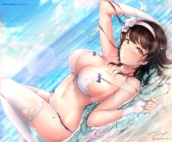  arm_up armpits artist_name bare_shoulders beach bikini black_hair blue_sky breasts cleavage cloud cloudy_sky collarbone day dutch_angle female fingerless_gloves flower front-tie_bikini_top front-tie_top girls&#039;_frontline gloves hair_flower hair_ornament hairband horizon knees_up large_breasts lens_flare long_hair looking_at_viewer lying navel ocean official_alternate_costume on_back outdoors parted_lips rei_kun signature sky solo stomach strap_pull string_bikini sunlight swimsuit thighhighs thighs torn_bikini torn_clothes torn_thighhighs twitter_username type_95_(girls&#039;_frontline) type_95_(summer_cicada)_(girls&#039;_frontline) very_long_hair water wet white_bikini white_flower white_gloves white_hairband white_thighhighs yellow_eyes 