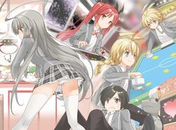  2boys 2girls ahoge air_hockey air_hockey_mallet air_hockey_puck air_hockey_table antenna_hair arcade black_hair blazer blonde_hair blue_eyes bow bowtie braid braided_ponytail closed_mouth cthugha_(nyaruko-san) floating_hair green_eyes grey_eyes grey_hair grey_necktie grey_skirt haiyore!_nyaruko-san hastur_(nyaruko-san) heart jacket koin_(foxmark) leaning_back leaning_forward long_hair long_sleeves miniskirt multiple_boys multiple_girls necktie non-web_source novel_illustration nyarlathotep_(nyaruko-san) official_art open_clothes open_jacket panties pantyshot plaid plaid_skirt pleated_skirt ponytail red_eyes red_hair school_uniform sitting skirt smile standing striped_bow striped_bowtie striped_clothes striped_necktie swept_bangs thighhighs underwear very_long_hair white_legwear white_panties yasaka_mahiro 