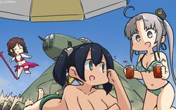  3girls ahoge aircraft airplane akitsushima_(kancolle) beach_umbrella bikini blue_eyes blue_hair blue_sky bow breasts brown_hair cleavage closed_eyes commentary cosplay dated day drill_hair drink fate/grand_order fate_(series) gae_bolg_(fate) gradient_sky green_bikini grey_eyes grey_hair hairbow hamu_koutarou harukaze_(kancolle) hat highres kantai_collection large_breasts long_hair lying medium_breasts mini_hat multiple_girls nishikitaitei-chan noto_mamiko on_stomach one-hour_drawing_challenge open_mouth out-of-frame_censoring outdoors pink_bikini pink_sarong polearm polka_dot polka_dot_bikini red_bow sarong scathach_(fate) scathach_(swimsuit_assassin)_(fate) scathach_(swimsuit_assassin)_(fate)_(cosplay) side_ponytail sidelocks sky smile souryuu_(kancolle) spear swimsuit topless twin_drills twintails umbrella voice_actor_connection weapon x_navel 