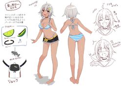  :d ahoge backpack bad_id bad_twitter_id bag barefoot bikini black_choker black_shorts blue_bikini blush breasts choker cleavage commentary_request dark_skin female food-themed_hair_ornament from_behind grey_hair hair_ornament hayama_marin highres lime_hair_ornament looking_at_viewer mole mole_under_eye multiple_views navel nijisanji oerba_yun_fang okutomi_fumi open_mouth pointing red_eyes reference_sheet shark shorts smile striped_bikini striped_clothes swimsuit thick_eyebrows translated virtual_youtuber 