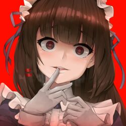  blunt_bangs blush brown_eyes brown_hair commentary crazy_eyes empty_eyes english_commentary female finger_to_mouth frills gloves grey_gloves grey_ribbon head_tilt highres last_origin long_hair maid maid_headdress parted_lips red_background saliva sanpaku scissors_lise sinensian solo upper_body yandere 