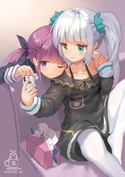  2girls :3 aliter black_dress black_ribbon blue_eyes blush braid brown_eyes cellphone closed_mouth collarbone commentary couch crossover dress fingernails hair_ornament hair_ribbon heterochromia highres holding holding_phone hololive kagura_gumi kagura_mea knee_up long_hair long_sleeves minato_aqua multiple_girls no_shoes off-shoulder_dress off_shoulder on_couch one_eye_closed pantyhose phone purple_eyes purple_hair ribbon sidelocks signature sitting sleeves_past_wrists tissue_box twintails virtual_youtuber white_hair white_legwear yuri 