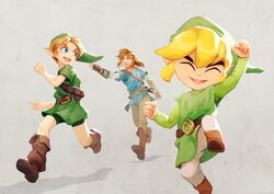  3boys blonde_hair blue_eyes champion&#039;s_tunic_(zelda) commentary_request dual_persona gloves hat highres link long_hair looking_at_viewer male_focus multiple_boys niko_geyer open_mouth pointy_ears short_hair simple_background smile super_smash_bros. the_legend_of_zelda the_legend_of_zelda:_breath_of_the_wild the_legend_of_zelda:_majora&#039;s_mask the_legend_of_zelda:_ocarina_of_time the_legend_of_zelda:_the_wind_waker toon_link tunic young_link 