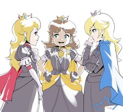  3girls black_dress black_gloves blonde_hair blue_eyes brown_hair cape claude_von_riegan commentary_request cosplay crown dimitri_alexandre_blaiddyd dress earrings edelgard_von_hresvelg elbow_gloves fire_emblem fire_emblem:_three_houses garreg_mach_monastery_uniform gloves hands_on_own_hips highres jewelry long_hair looking_at_another mario_(series) mini_crown multiple_girls parody princess_daisy princess_peach puff_and_slash_sleeves puffy_short_sleeves puffy_sleeves rosalina short_sleeves simple_background stup-jam super_mario_galaxy super_smash_bros. white_background white_gloves 