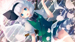  :d black_bow black_bowtie black_hairband black_ribbon blue_eyes blush bow bowtie commentary cowboy_shot dutch_angle female gengetsu_chihiro green_skirt green_vest hair_ribbon hairband hand_up highres hitodama katana konpaku_youmu konpaku_youmu_(ghost) looking_at_viewer miniskirt open_mouth petals petticoat photoshop_(medium) puffy_short_sleeves puffy_sleeves ribbon scabbard sheath sheathed shirt short_hair short_sleeves skirt skirt_set smile solo stairs standing sword thighs touhou vest weapon weapon_on_back white_hair white_shirt 