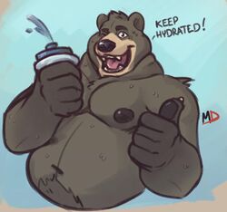  2019 american_black_bear anthro bear belly black_bear black_body black_fur bodily_fluids english_text fur male mammal minedoo moobs navel nipples one_eye_closed overweight overweight_anthro overweight_male simple_background solo sweat text ursine wink 