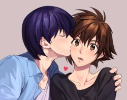  2boys bad_id bad_pixiv_id black_shirt blue_jacket blush brown_eyes brown_hair comeo_(komeo15) commentary_request from_side grey_background heart hikaru_no_go isumi_shin&#039;ichirou jacket kissing kissing_cheek male_focus multiple_boys shirt short_hair simple_background upper_body waya_yoshitaka white_shirt yaoi 