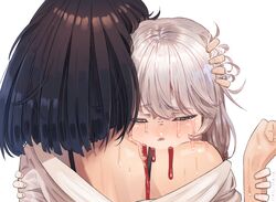  2girls amano_akari artist_name biting blood blood_sucking bra commentary hair_between_eyes hani_haya multiple_girls neck_biting shirt simple_background sophie_twilight sweat tears tonari_no_kyuuketsuki-san underwear vampire white_background white_shirt yuri 