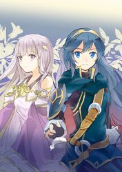  2girls black_gloves blue_eyes blue_hair closed_mouth dress fingerless_gloves fire_emblem fire_emblem:_genealogy_of_the_holy_war fire_emblem_awakening fire_emblem_heroes gloves highres hukashin julia_(fire_emblem) long_hair long_sleeves lucina_(fire_emblem) multiple_girls purple_eyes purple_hair smile tiara 