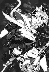  2girls :d animal_ear_fluff animal_ears boots bow bowtie cat_ears cat_tail death_march_kara_hajimaru_isekai_kyousoukyoku dog_ears dog_tail greyscale highres holding holding_shield holding_sword holding_weapon looking_at_viewer monochrome multicolored_hair multiple_girls non-web_source novel_illustration oerba_yun_fang official_art open_mouth pochi_(death_march) shield shirt short_shorts short_sleeves shorts shri smile sword tail tama_(death_march) two-tone_hair weapon 