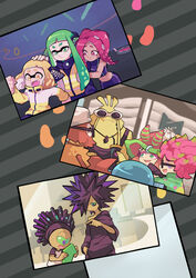  :t anemo_(splatoon) arm_hug cellphone dark_skin daunii_(splatoon) ebii_(splatoon) hand_on_another&#039;s_head highres inkling kumano_(splatoon) miura_(splatoon) octoling open_mouth phone rob_(splatoon) single_eye smartphone smile spiked_hair spiky_(splatoon) splatoon_(series) splatoon_2 sunglasses tentacle_hair wong_ying_chee 