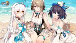  3girls beach black_hair blue_eyes brown_hair bug butterfly dress earrings hair_ornament hairband hat highres honkai_(series) honkai_impact_3rd jewelry kiana_kaslana kiana_kaslana_(herrscher_of_the_void) looking_at_viewer maid maid_headdress maid_one-piece_swimsuit mole mole_under_eye multiple_girls official_art one-piece_swimsuit one_eye_closed open_mouth purple_eyes rita_rossweisse rita_rossweisse_(phantom_iron) seele_vollerei seele_vollerei_(swallowtail_phantasm) smile sundress swimsuit unconventional_maid white_hair yellow_eyes 