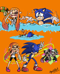  1boy 3girls agentss anthro aori_(splatoon) artist_name blue_fur blue_hair callie_(splatoon) closed_eyes clothed clothing crossover dead dress drowning eyebrows female friendship gloves glowstick green_eyes happy holding holding_weapon hotaru_(splatoon) idol inkling inkling_girl legwear male marie_(splatoon) mole mole_under_eye music musical_note nintendo open_mouth orange_eyes pointy_ears ring sega sharp_teeth shoes shorts sonic_(series) sonic_(series) sonic_the_hedgehog spats splatoon splatoon_(series) super_smash_bros. tail teeth tentacle_hair water water_gun wink 