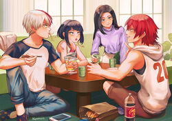  2boys 2girls alternate_hairstyle artist_name bag bangs black_hair boku_no_hero_academia breasts cellphone cola commentary couch cup_noodle denim eating food hood hood_down indoors jeans jirou_kyouka kimopoleis kirishima_eijirou long_hair long_sleeves medium_breasts multiple_boys multiple_girls noodles number pants phone plant red_hair shirt short_hair shorts sitting sleeveless smartphone smile socks sportswear sweater table todoroki_shouto upper_teeth white_hair white_shirt window yaoyorozu_momo 